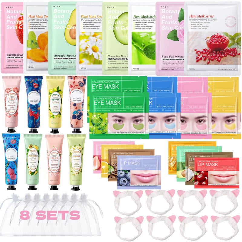 48 Pcs Spa Party Supplies for Girls Facial MasksUnder Eye PatchesHand Cream Lip maskHeadband and Organza Bags Spa Party Favors Home Spa Kit Sleepover SetGifts for Women Sleepover Party Favors